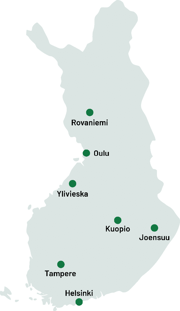 Suomen kartta, jossa Tervo-konsernin toimipisteet.